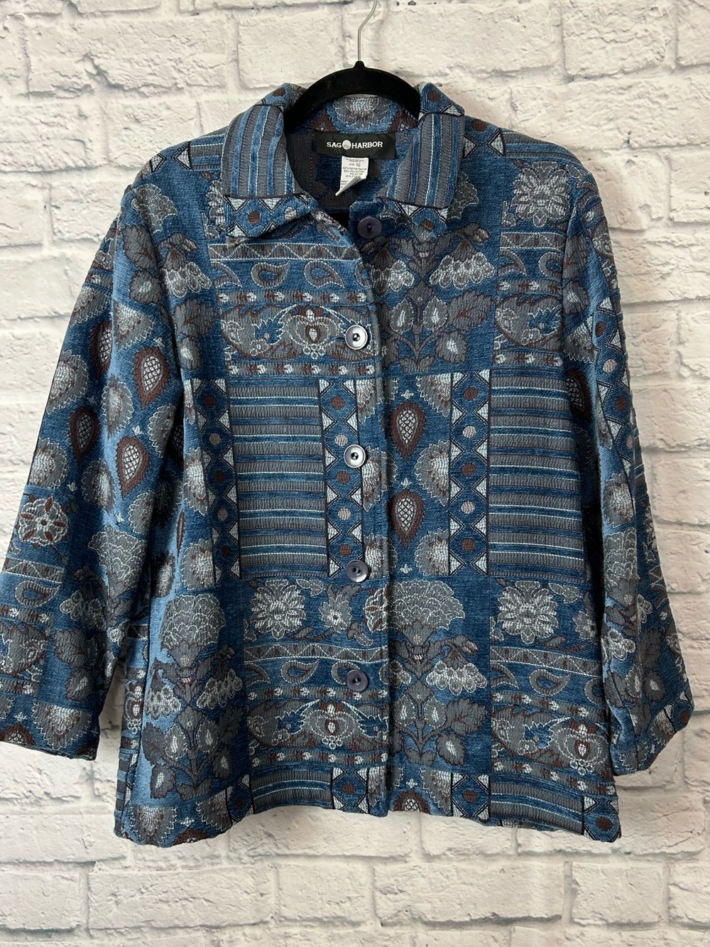 Sag Harbor Women’s Size 10 Blue Chenille Tapestry Floral Patchwork Jacket